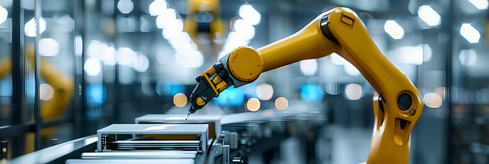 Wall Mural - robotic arm in industrial setting automating assembly line in manufacturing facility. concept roboti