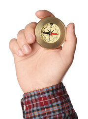 Man holding compass on white background, closeup