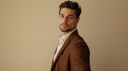 Canvas Print - Portrait of a young man in a brown suit on a beige background. Studio photography. Fashion and lifestyle concept.