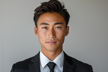 Canvas Print - Portrait of a young man in a black suit on a grey background. Studio photography. Business and professional concept.