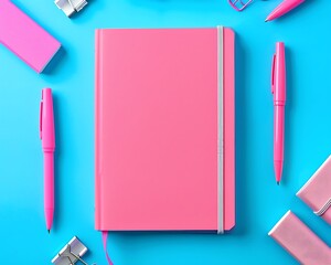 Pink notebook and pens on blue background with office supplies, web banner with space for text.