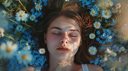 Wall Mural - A woman is laying in a field of flowers. Generate AI image