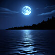 © wowyoung - A full moon floating in the sea of night and deep blue sky with strong waves
