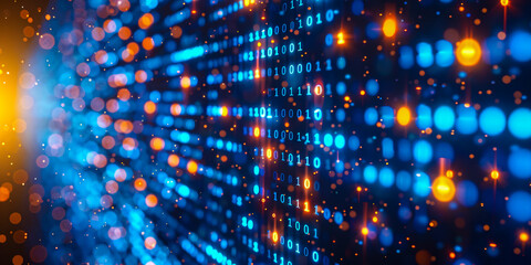 Abstract digital network with blue binary code and futuristic data streams