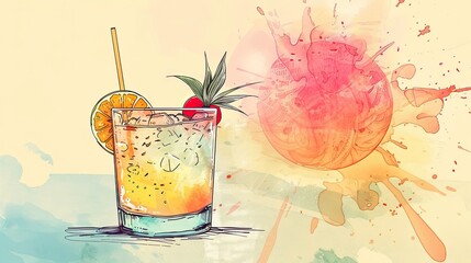 Wall Mural - Artistic illustration of a cocktail with orange slice, cherry, and palm leaves.