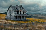 The eerie silhouette of a neglected old house sits isolated amidst withered grass, framed by a cloudy sky and a distant hill.