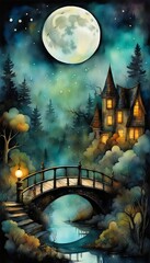 Sticker - A bridge and gothic castle at night with a full moon and a slightly creepy landscape. 