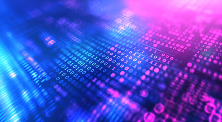 Blue and pink abstract and blurry background with a binary code. Computing, data and information technology