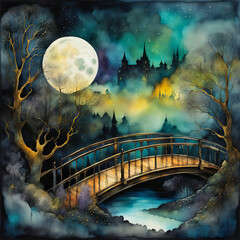 Sticker - A bridge and distant city skyline at night with a full moon and a slightly creepy landscape. 