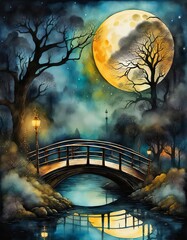 Sticker - A bridge at night with a full moon and a slightly creepy landscape. 