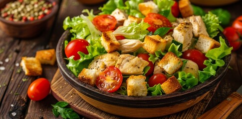 Wall Mural - Over a black background, grilled chicken caesar salad with cheese, tomatoes, and croutons is presented on a wooden table