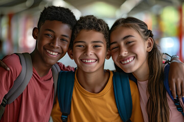 Wall Mural - Teen friends back to school happy reunion with diverse group of students