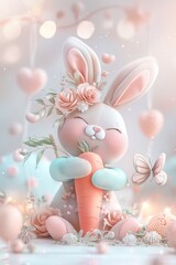 Wall Mural - An adorable bunny with a big carrot, surrounded by floral patterns and a butterfly, rendered in a sweet and dreamy design for a modern children's book illustration.