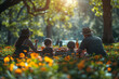 © EzequielOjedafoto - A family of four is sitting in a field of flowers, enjoying a picnic together