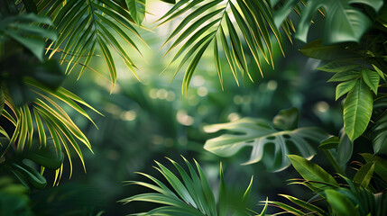 Sticker - Lush Green Tropical Leaves With Blurred Background