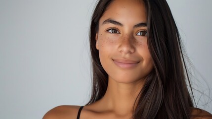 smiling brunette latin girl, happy pretty young adult woman with freckles on face looking at camera 