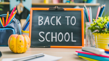 Back to school set with backpack and office supplies. School background. Front view. Chalkboard with doodles and text.