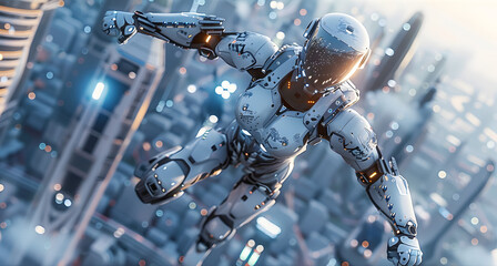 Wall Mural - the robot or cyborg woman in the superhero iron suit is flying over a futuristic city. the character