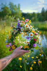 Poster - summer background. wreath of meadow flowers in hand outdoor. floral traditional decor for Summer Solstice Day, Midsummer, Litha holiday. Witchcraft, pagan wiccan ritual.