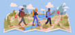 © GreenSkyStudio - People hiking on map. Tourists walking on wild nature terrain map, hiking route and destination pin flat vector illustration. Backpackers group trekking on map