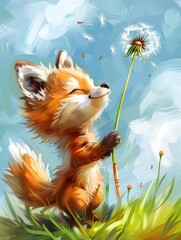 Wall Mural - A cute cartoon fox standing in a meadow, holding a dandelion, surrounded by colorful flowers and green grass under a blue watercolor sky.