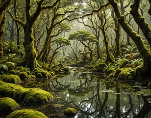 Wall Mural - A pond in the woods surrounded by green moss.