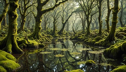 Wall Mural - A pond in the woods surrounded by green moss.