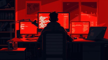 Silhouette hacker coding in dark room with multiple screens, red hue