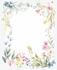 An intricate and elegant frame for note cards, featuring a rectangle border with delicate watercolour wildflowers in soft pastel colours