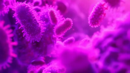 Wall Mural - Close-up view of purple bacteria cells under a microscope, showing intricate details and glowing effects. The cells appear vibrant and dynamic, with a scientific and microscopic focus.