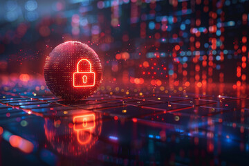 Global cyber security concept with digital closed pad lock, earth planet globe and binary code on modern laptop background, double exposure 