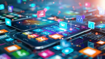 Conceptual illustration of mobile app development: creating mobile device apps, designing UI and UX, and expanding the smartphone market.