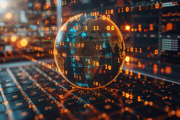 Global cyber security concept with digital closed pad lock, earth planet globe and binary code on modern laptop background, double exposure 