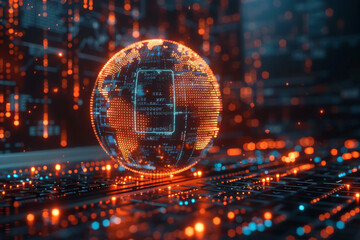 Global cyber security concept with digital closed pad lock, earth planet globe and binary code on modern laptop background, double exposure 