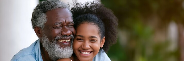 Wall Mural - An affectionate African grandparent laughs with their granddaughter outdoors, enjoying family time.