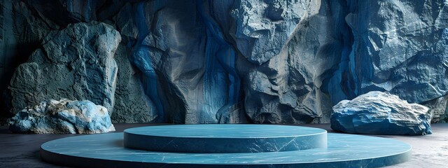 Wall Mural - blue podium for product presentation in minimalist style