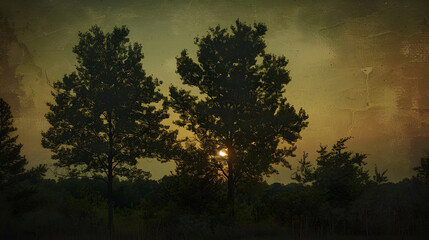 Wall Mural - A moon is shining on two trees in the dark