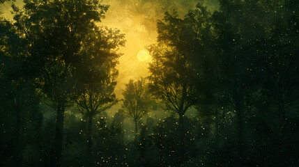 Wall Mural - A moon is shining on two trees in the dark