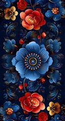 Poster - Beautiful Chinese Style Flower Design on Blue Background Enhancing Culture