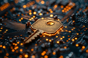 Key icon on digital circuit board background. Digital security and data protection concept.  