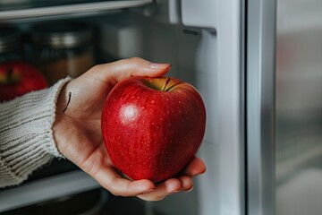 Wall Mural - A person is holding a red apple in their hand. The apple is shiny and looks fresh. The person is standing in front of a refrigerator, which is open