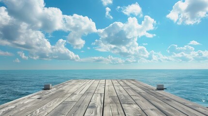 Wall Mural - Beautiful view of wooden pier with the sea and blue sky landscape background. AI generated