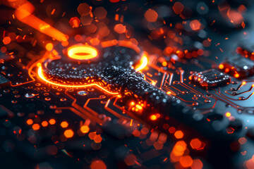 Key symbol on the electronic circuit. Cyber security concept.  
