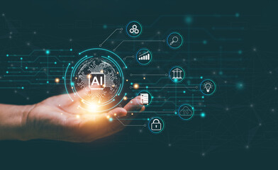 Poster - Ai technology concept, Businessman holding virtual graphic global internet connect with AI, Futuristic technology transformation, Chat with AI, Smart search. Generate something by command prompt.