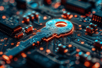 Key symbol on the electronic circuit. Cyber security concept.  