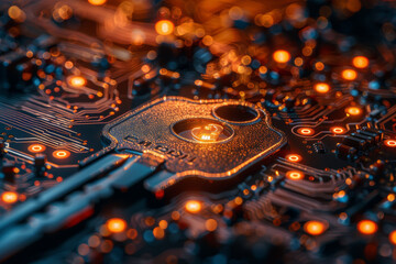 Key symbol on the electronic circuit. Cyber security concept.  