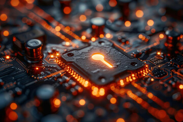 Key symbol on the electronic circuit. Cyber security concept.  