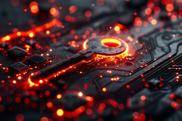 Key symbol on the electronic circuit. Cyber security concept.  