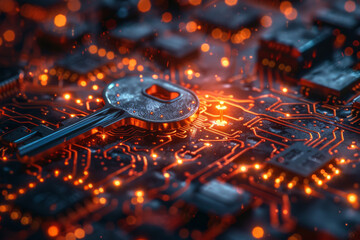 Key symbol on the electronic circuit. Cyber security concept.  