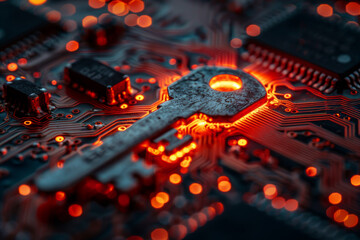 Key symbol on the electronic circuit. Cyber security concept.  